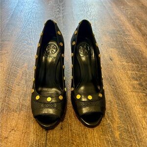 2010’s Tory Burch Neslon Black Wedges with Gold Studs